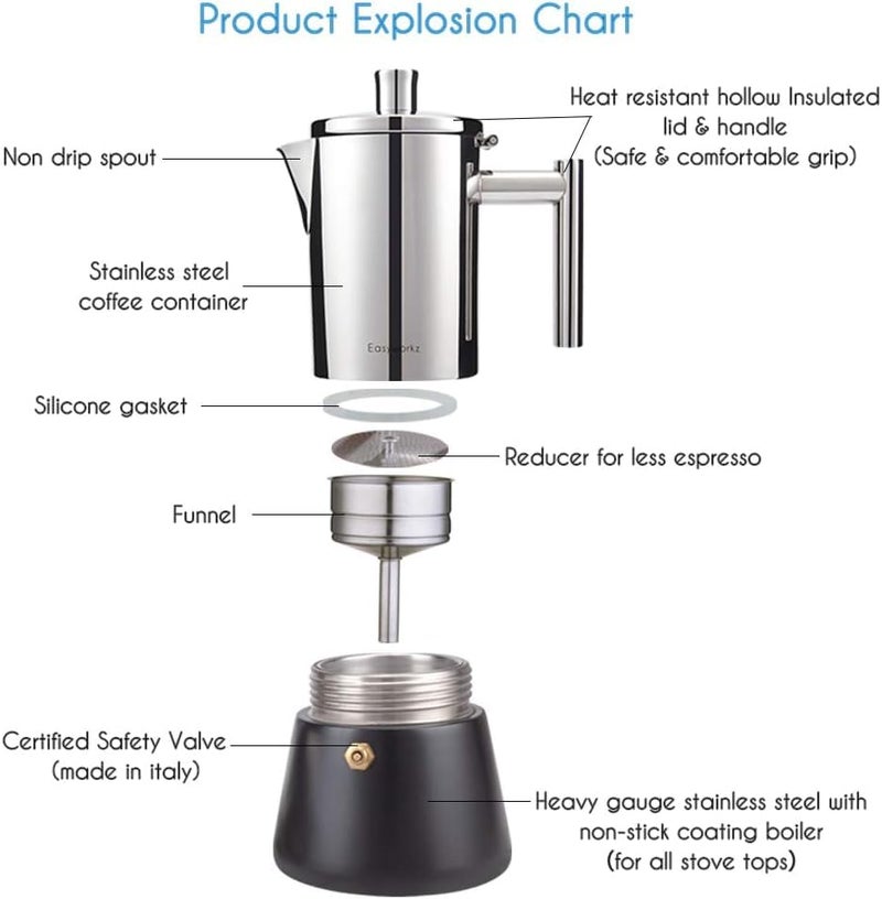 Easyworkz Diego Stovetop Espresso Maker Stainless Steel Italian Coffee Machine Maker 12Cup 17.5 oz Induction Moka Pot - Image 3